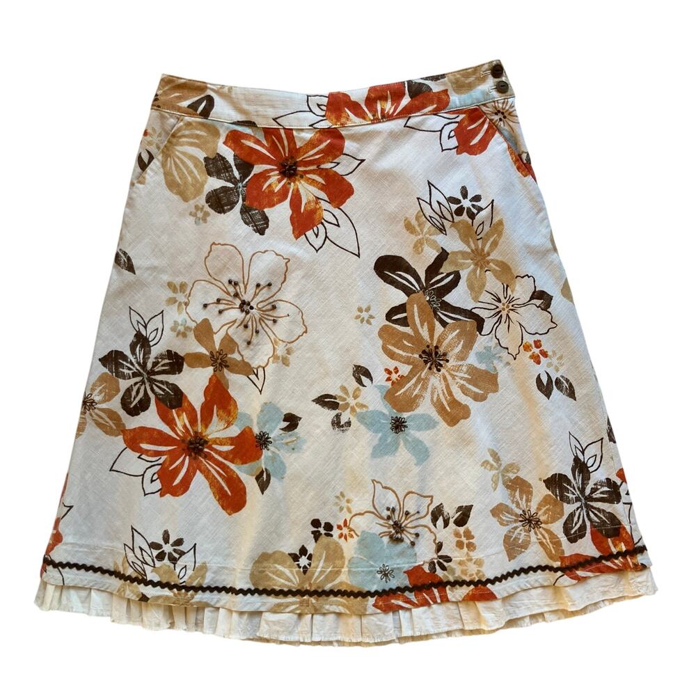 J. Jill Cotton A-Line Autumn Floral Midi Skirt Size 12P Boho Indie Artsy
